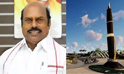 State PWD minister E V Velu; Pen Memorial statue