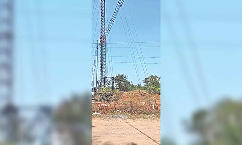 A tower being erected in the area allotted to build a park in Veerapandi Nagar