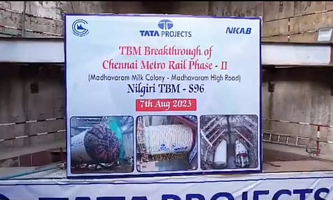 TBM named Nilgiri (S-96) in corridor 3 of phase 2 metro rail construction had a breakthrough at Madhavaram High Road&nbsp;
