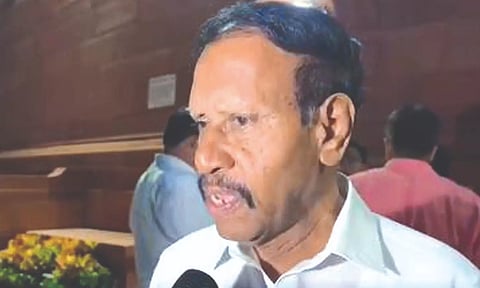 AIADMK Rajya Sabha MP M Thambidurai speaking outside Parliament in New Delhi on Tuesday.