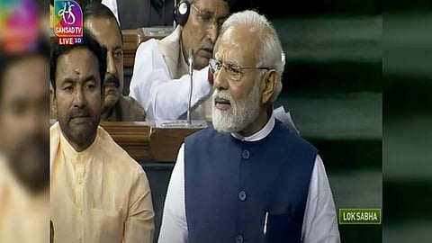 Prime Minister Narendra Modi during his speech.(Photo/Sansad TV)