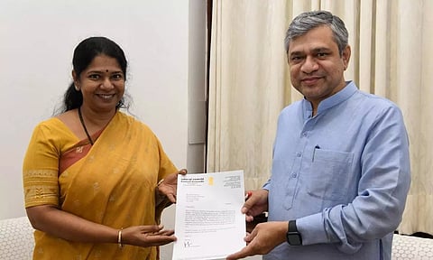 DMK deputy General Secretary and Thoothukudi MP Kanimozhi Karunanidhi with Union Railway Minister Ashwini Vaishnaw.