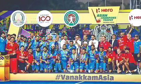 Chief Minister MK Stalin with the triumphant India team in Chennai on Saturday.