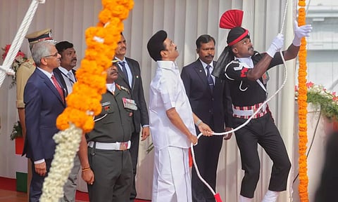 Tamil Nadu CM M K Stalin hoists national flag at Fort St George in Chennai. (Hemanathan M)