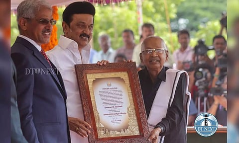 TN CM Stalin awarding ‘Thagaisal Thamizhar’ award to K Veeramani during the Independence Day celebrations at Fort St George, Chennai. (Hemanathan M)