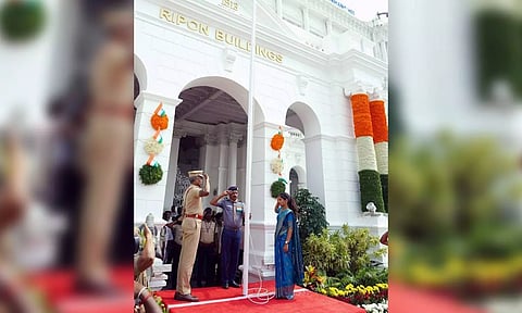 Chennai Mayor R Priya unfurls the national flag at Ripon Building on Independence Day,&nbsp;