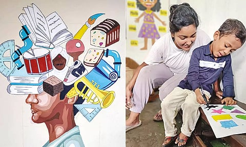 Wall painting at Juvenile home, Volunteer giving a helping hand,