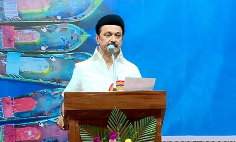 Tamil Nadu Chief Minister M K Stalin speaking at the Fisherman Welfare Conference in Rameswaram on Friday. (Twitter/@mkstalin)