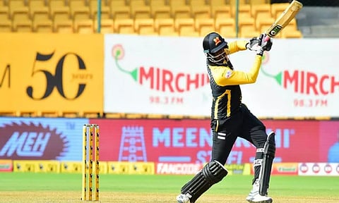 Shivamogga Lions' HS Sharath in action Gulbarga Mystics during KSCA T20 (ANI)