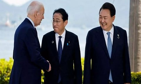 US President Joe Biden with Japan PM Fumio Kishida and South Korean leader Yoon Suk-yeol