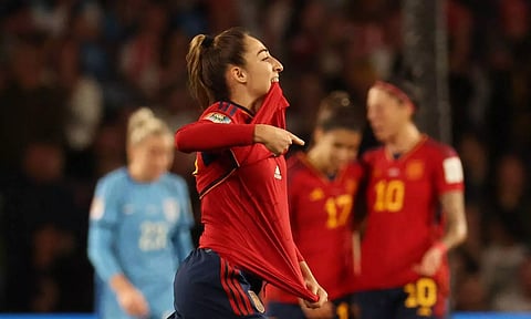 Spain's Olga Carmona celebrates scoring their first goal (Reuters)