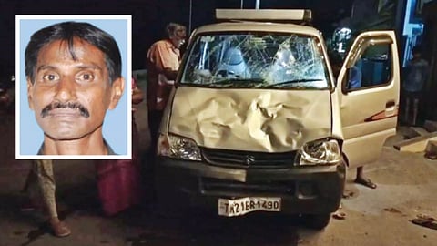 The damaged car after it rammed into crowd during the temple festival; (inset) Venkatesan