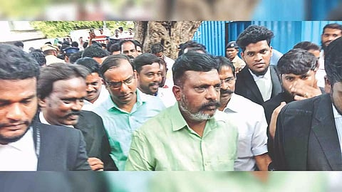 VCK chief Thirumavalavan arrives in Chengalpattu sessions court on Wednesday