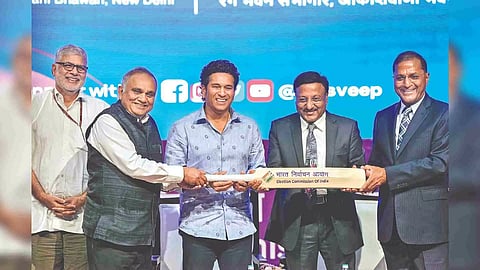 CEC Rajiv Kumar and other commissioners with cricket legend Sachin Tendulkar on Wednesday