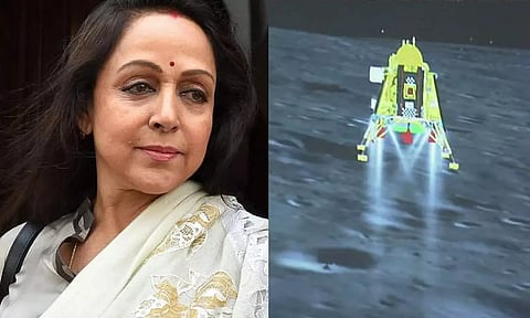 Hema Malini; This handout screen grab from the live feed of ISRO shows the Chandrayaan-3 spacecraft seconds before its successful lunar landing on the south pole of the Moon.