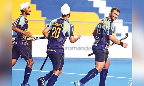 VR Raghunath of IOCL Celebrates scoring a goal&nbsp;