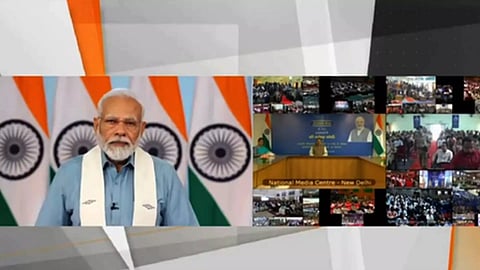 Prime Minister Narendra Modi speaking at the Rozgar Mela (IANS)