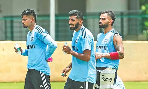 India’s Shreyas Iyer, Jasprit Bumrah and Virat Kohli at a conditioning camp in Bengaluru on Tuesday