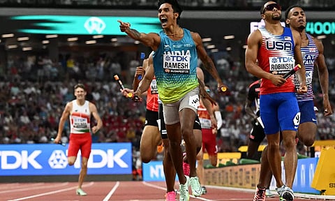 India’s Rajesh Ramesh reacts after the men’s 4x400m relay heats during the World Athletics Championships at the National Athletics Centre in Budapest