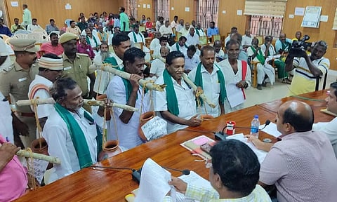 Farmers walking out of grievances meet in Thanjavur on Wednesday