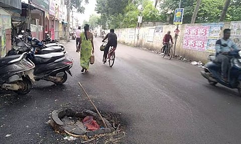 The pothole seen on Oil Mill Road in Iyyapanthangal