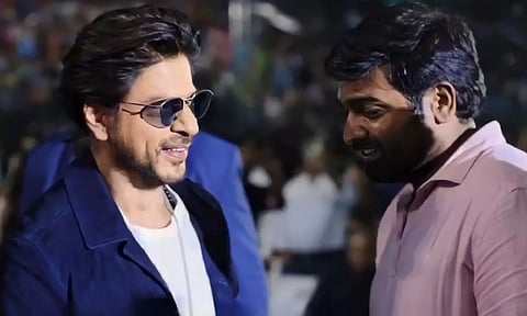 Shah Rukh Khan with Vijay Sethupathi at the 'Jawan' pre-release event in Chennai (ANI)