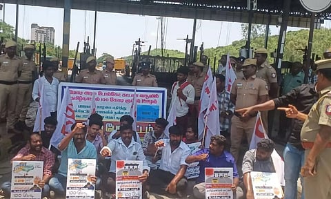 Indian Democratic Youth Association members protesting near Paranur toll plaza on Friday