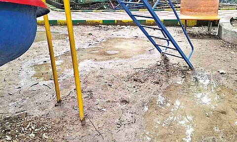 The play area isn’t covered with river sand making it slippery