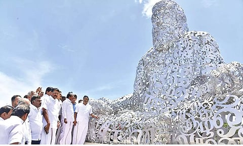 Ministers KN Nehru and S Muthusamy visiting the 25-foot-high steel statue of Saint poet Tiruvalluvar installed at Kurichi tank in Coimbatore on Wednesday