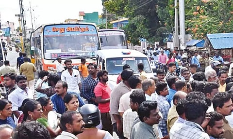 People staging a road blockade in Thanjavur on Thursday