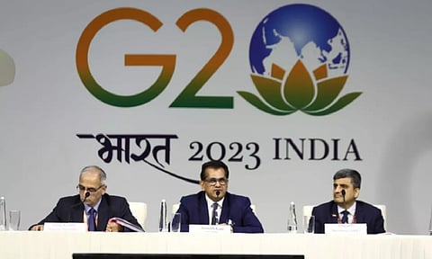 G20 Sherpa Amitabh Kant addressing at a pre-G20 press conference (IANS)