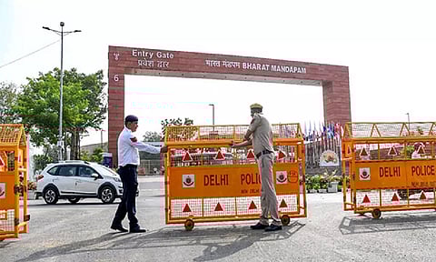 Delhi Police and traffic police at Bharat Mandapam convention centre of Pragati Maidan ahead of G20 Summit, in New Delhi (ANI)