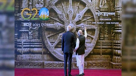 PM Narendra Modi explaining the significance of Konark Wheel to President Joe Biden (Photo/ANI)