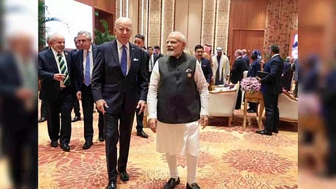 US President Joe Biden with Prime Minister Narendra Modi at Bharat Mandapam. (Photo/ANI)