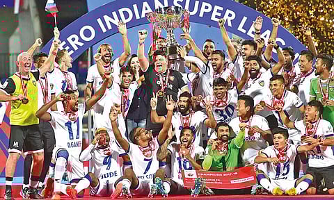 A jubilant Chennaiyin team after its 2017-18 ISL triumph