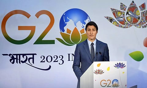 Canadian PM Justin Trudeau addresses the media during a press conference after attending G20 Summit, in New Delhi on September 10. (ANI)
