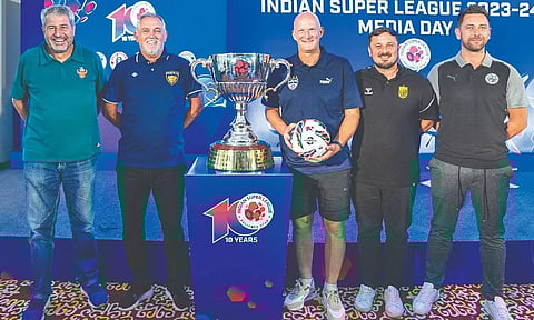 Manuel Marquez, Head Coach of FC Goa,Owen Coyle, Head Coach of Chennaiyin FC, Simon Grayson, Head Coach of Bengaluru FC, Conor Nestor, Head Coach of Hyderabad FC and Des Buckingham, Head Coach of Mumbai City FC