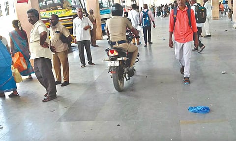 A cop seen riding in the platform for passengers at the Vellore new bus stand