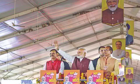 Prime Minister Narendra Modi during the stone laying event of petrochemicals complex in Madhya Pradesh