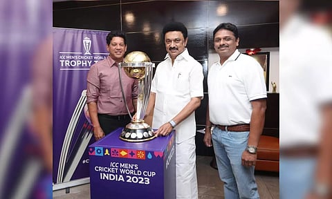 TN CM M K Stalin poses with the ICC Men's Cricket World Cup Trophy in Chennai. (X/@mkstalin)