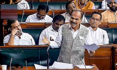 Congress leader Adhir Ranjan Chowdhury speaking during the special session of Parliament. (PTI)