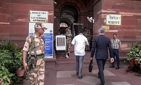 Canadian High Commissioner to India Cameron Mackay arrives at the MEA headquarters as he was summoned by the MEA in a reciprocal move to Canada expelling a senior Indian diplomat, in New Delhi on September 19. (ANI)