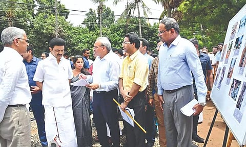 CM Stalin interacts with officials during inspection on Thursday