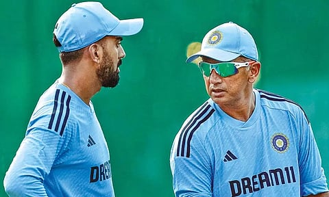 Indian Head coach Rahul Dravid with captain KL Rahul during practice