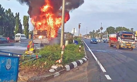 The bus caught fire near Chambarambakkam Friday early morning.