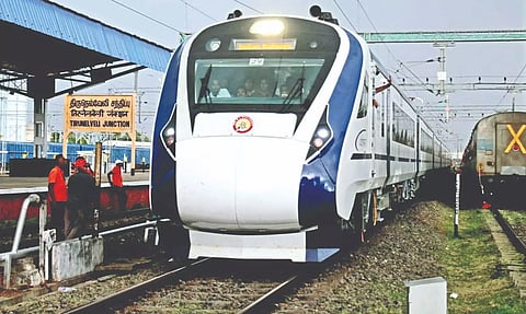 Vande Bharat Express at the Tirunelveli station on the eve of it's official launch
