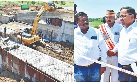 Mayiladuthurai Collector AP Mahabharathi inspecting the ongoing barrage construction on Saturday