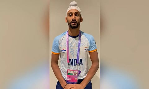 Indian hockey player Mandeep Singh after a remarkable win against Uzbekistan in the 19th Asian Games.
