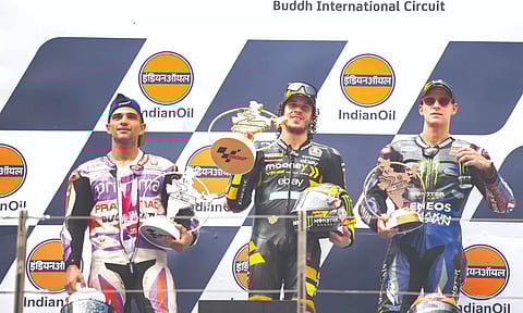(L-R) Jorge Martin, Marco Bezzecchi, Fabio Quartararo on the winners podium at Buddh International Circuit on Sunday