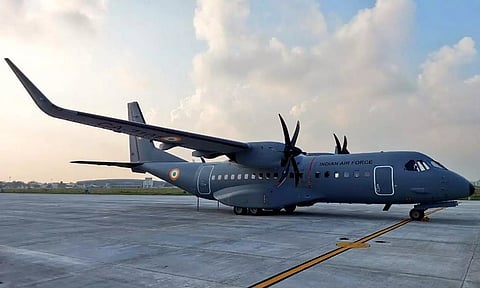 India’s first C-295 medium tactical transport aircraft lands in Vadodara on September 20, 2023. (X/@IAF_MCC)

